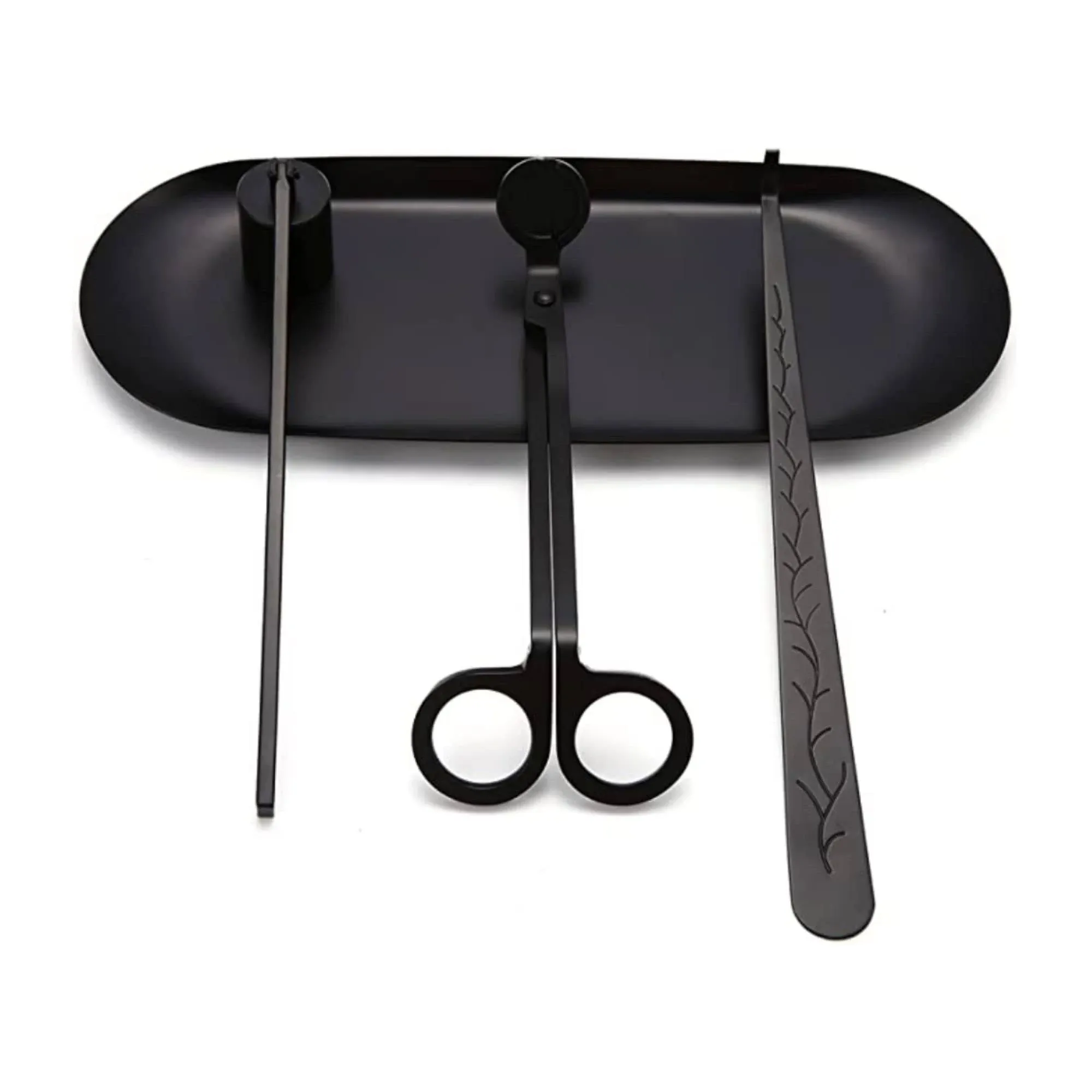 4 Piece Candle Care Tool Set | Tray, Wick Trimmer, Wick Dipper, & Snuffer | Handmade Candle Matte Black Stainless Steel Design