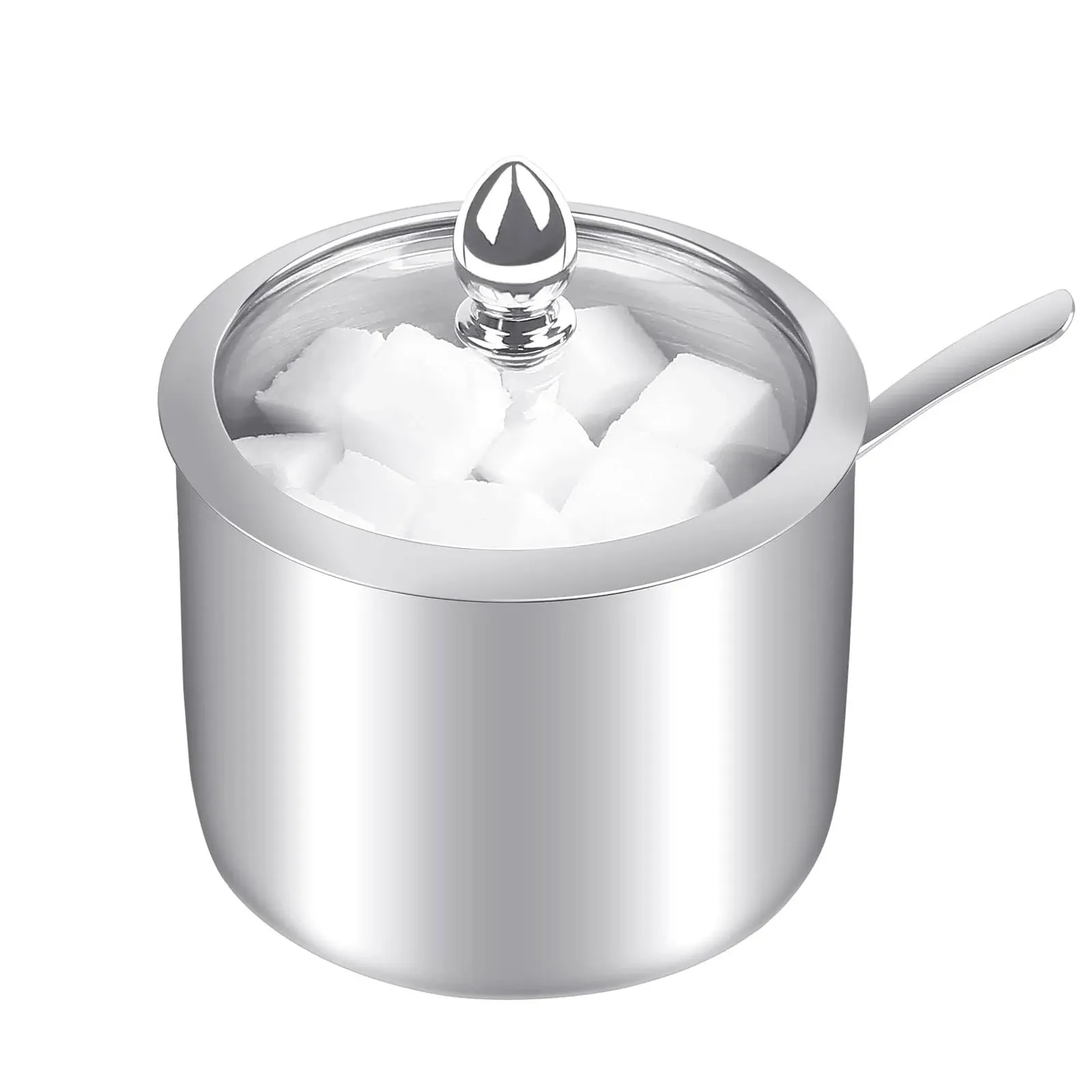 KEMIYIXIAN stainless steel sugar bowl with clear lid and spoon polished shiny...