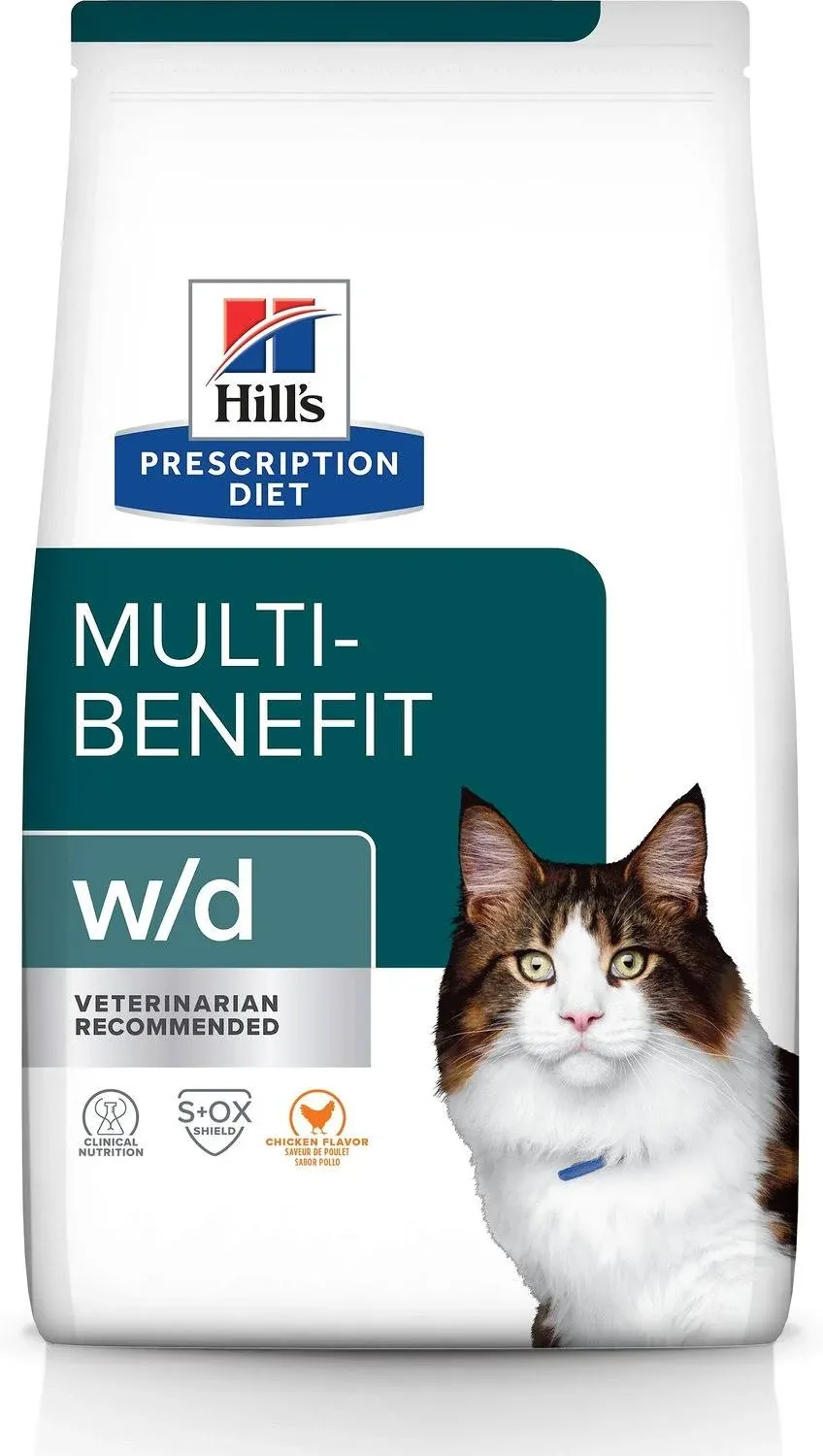 Hill's Prescription Diet w/d Multi-Benefit Digestive/Weight/Glucose/Urinary Management Chicken Flavor Dry Cat Food, Veterinary Diet, 4 lb. Bag