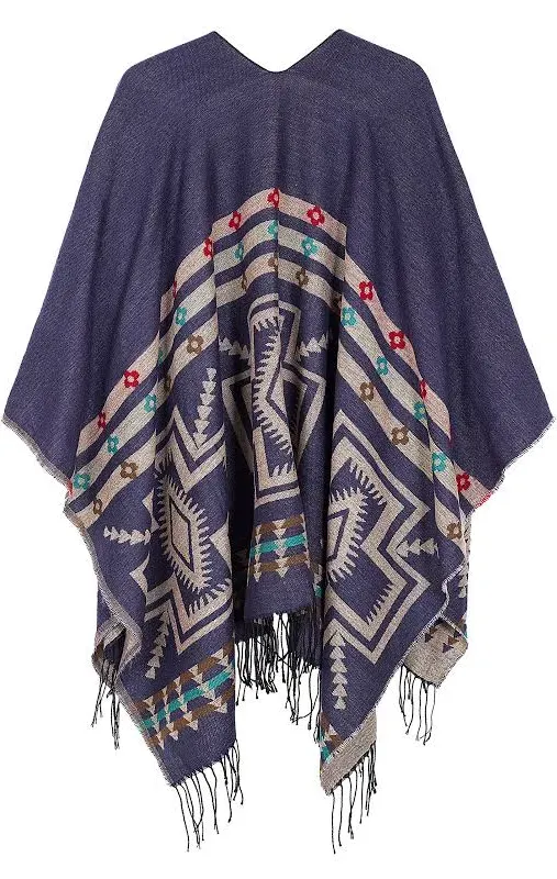 Urban CoCo Women's Printed Tassel Open front Poncho Cape Cardigan Wrap Shawl