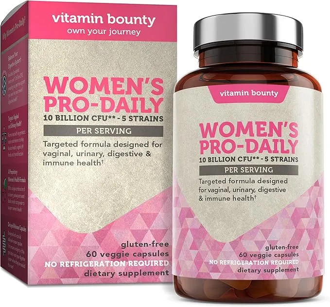 Vitamin Bounty Women's Pro-Daily Probiotic - 10 Billion CFUs, and 5 Strains, Help Vaginal & Digestive Health, Vaginal Probiotic & Prebiotic & pH Balance, Cranberry, Gluten-Free - 60 Capsules