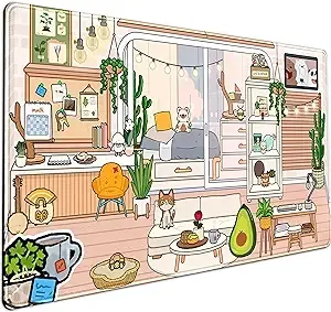 Cute Anime Desk Mat Kawaii Mousepad, Anime Street Aesthetics Desk Pad XXL, Japanese/Korean Lo-fi Drawing, Cute Green Blue Nature Mouse Pad Computer Keyboard Mat, Office Desk Pad Protector