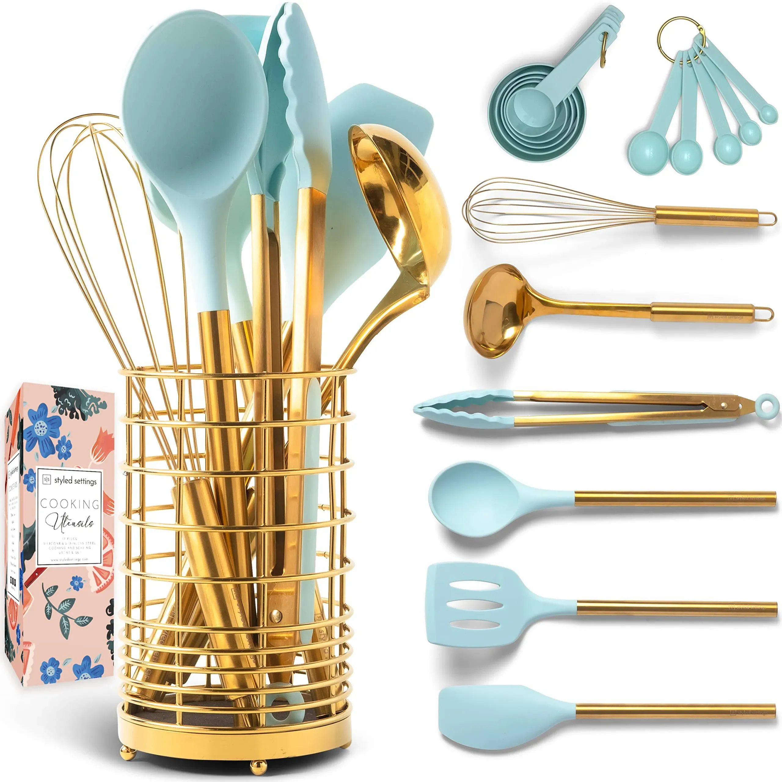 Styled Settings Teal Cooking Utensils Set with Holder - 17pc Teal & Gold Kitchen ...