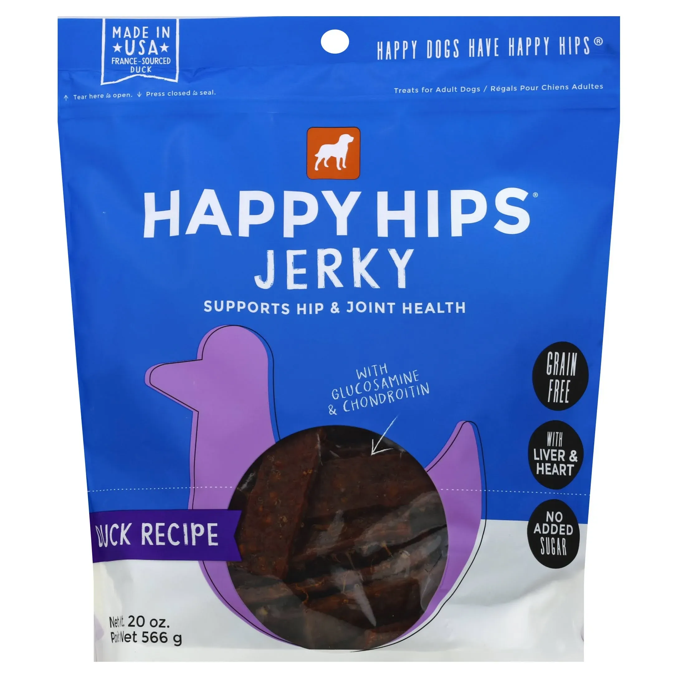 Happy Hips Treats for Dogs, Duck Recipe, Jerky, Adults - 20 oz