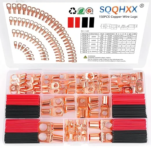 150Pcs Copper Wire Lugs, Battery Cable Ends AWG 2 4 6 8 10 12 Gauge Wire Connectors with Heat Shrink Set, Ring Terminals Connectors Battery Cable Lugs Battery Lugs with 86Pcs Heat Shrink Tubing Kit