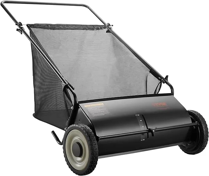 VEVOR Push Lawn Sweeper, 26 Inch Leaf & Grass Collector, Strong Rubber Wheels & Heavy Duty Thickened Steel Durable to Use with Large Capacity 7 ft³ Mesh Collection Bag, 4 Spinning Brushes