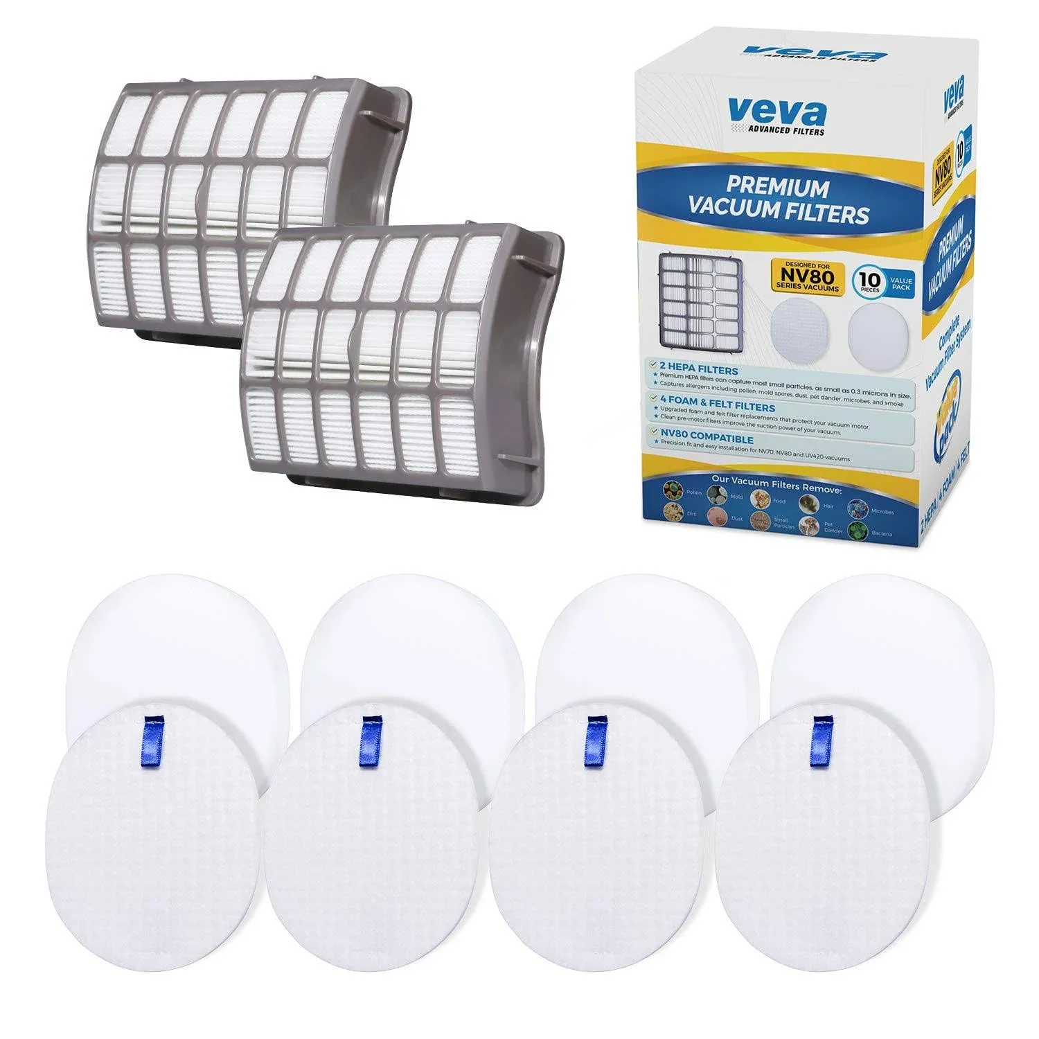 VEVA Complete Premium Vacuum Filter Set Including 2 HEPA, 4 Foam, 4 Felt Filters 10 Pieces Total for Shark Navigator Rotator Professional Upright Model NV70, NV71, NV80, NVC80C, NV90, NV95 & UV420