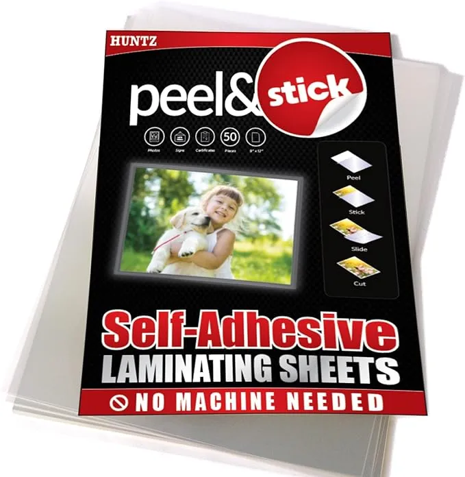 Huntz Self-Adhesive Laminating Sheets, Letter Size(9 x 12 Inches / 4 Mil), Clear, Pack of 50, HT-LMS50P