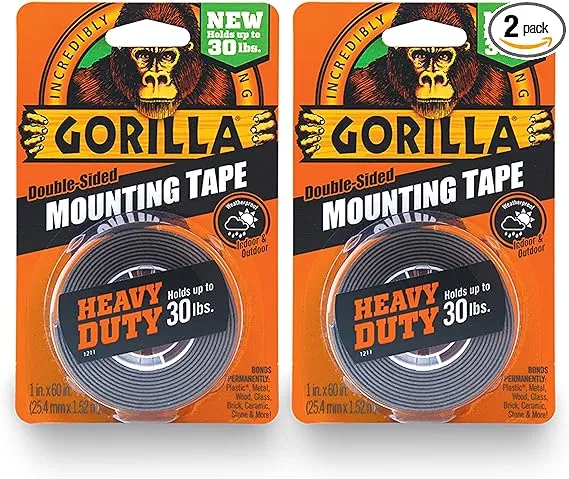 Gorilla - Heavy Duty Double Sided Mounting Tape; Weatherproof; 1" x 60"; Black; (Pack of 2)