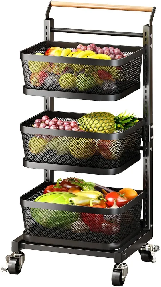 SNTD Fruit Basket, Large Wire Basket Utility Cart with Wheels and Handle for Kitchen and Pantry Organization, 3 Tier Black