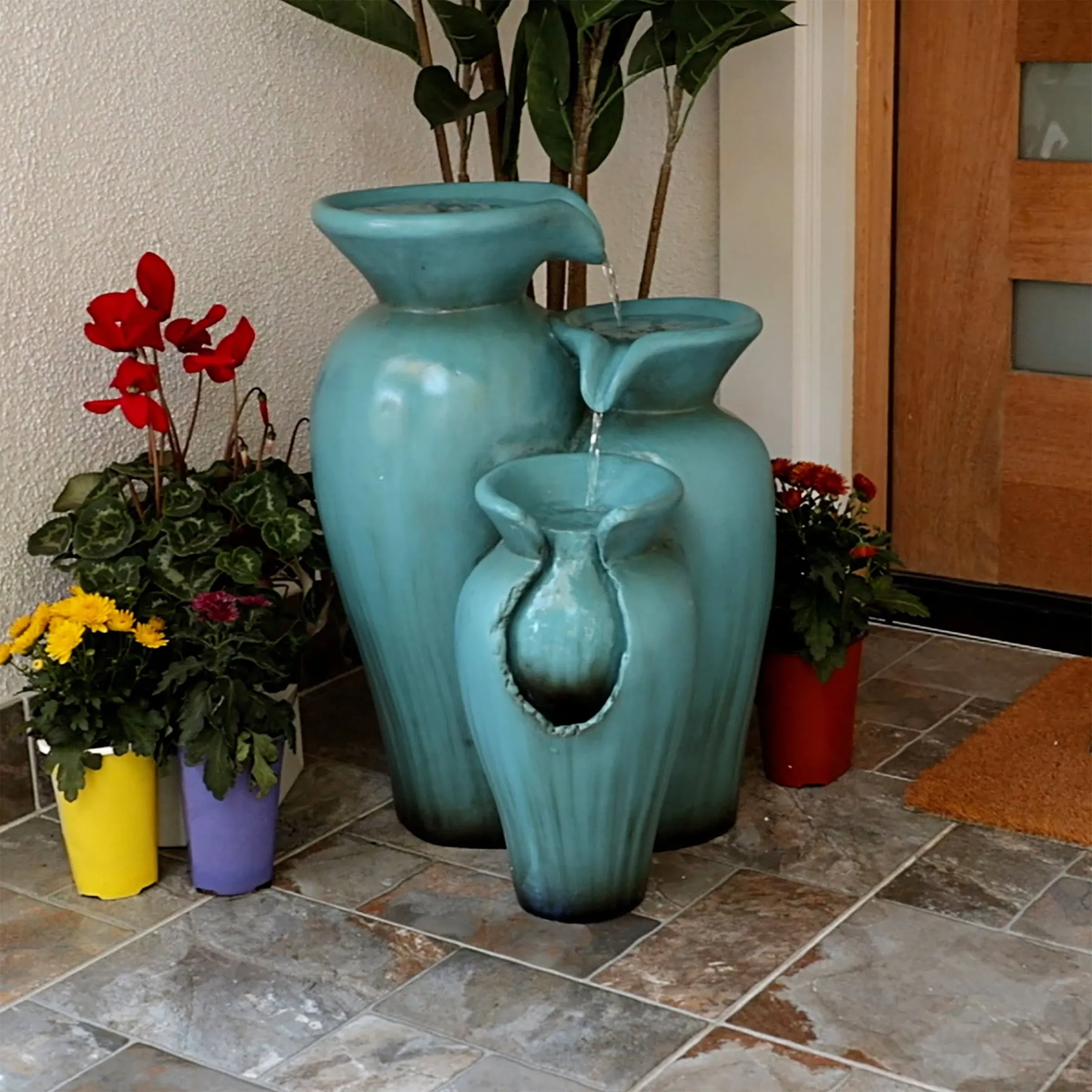 Alpine Corporation 21 in. Tall Turquoise Fountain Pot Decoration