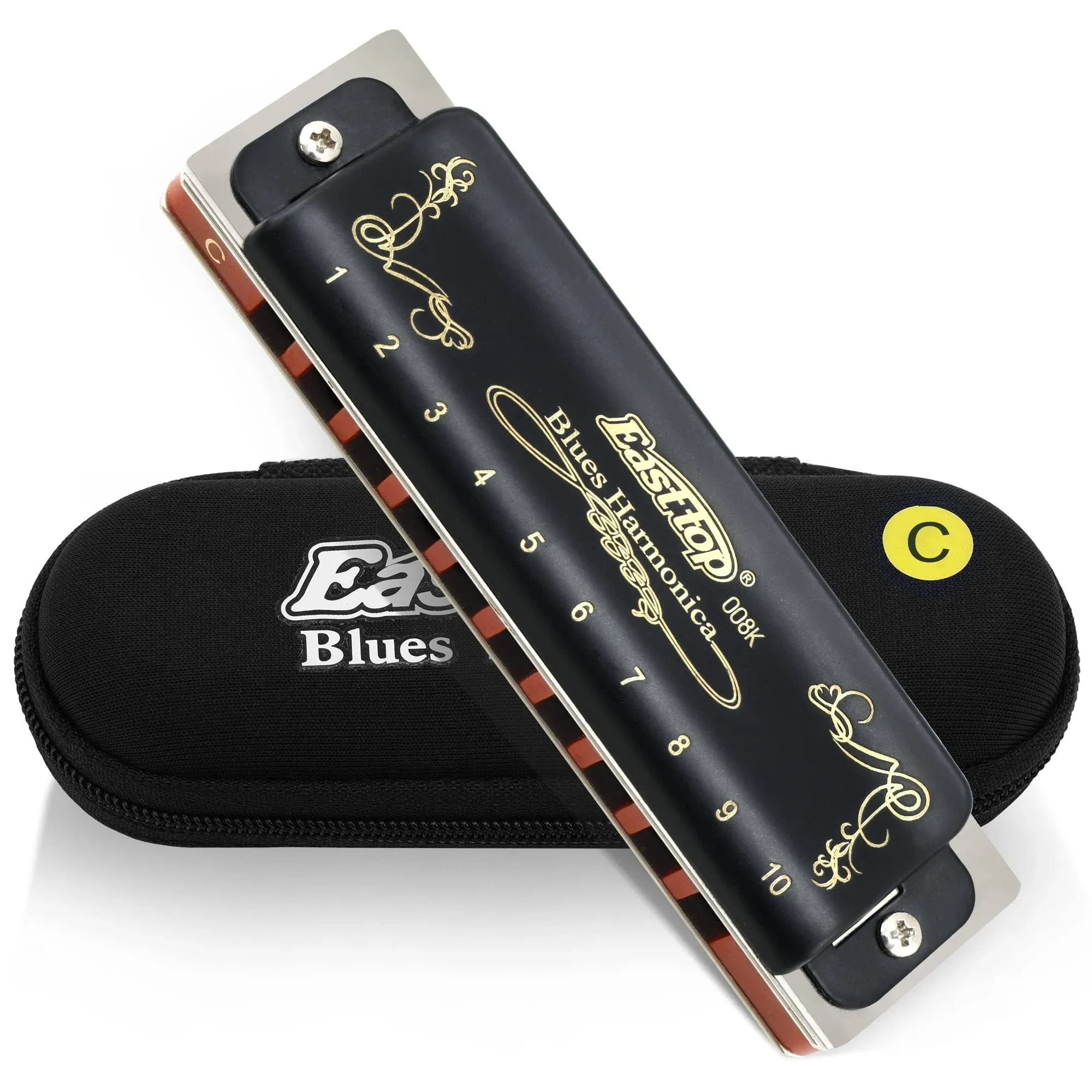 East top Diatonic Harmonica Key of C 10 Holes 20 Tones 008K Blues Harp Mouth Organ Harmonica with Black Cover, Top Grade Harmonica for Adults, Professionals and Students as Gift