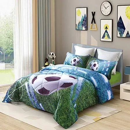 Wowelife 3D Soccer Comforter Set Queen Green Playground Kids Soccer Bedding Sets ...