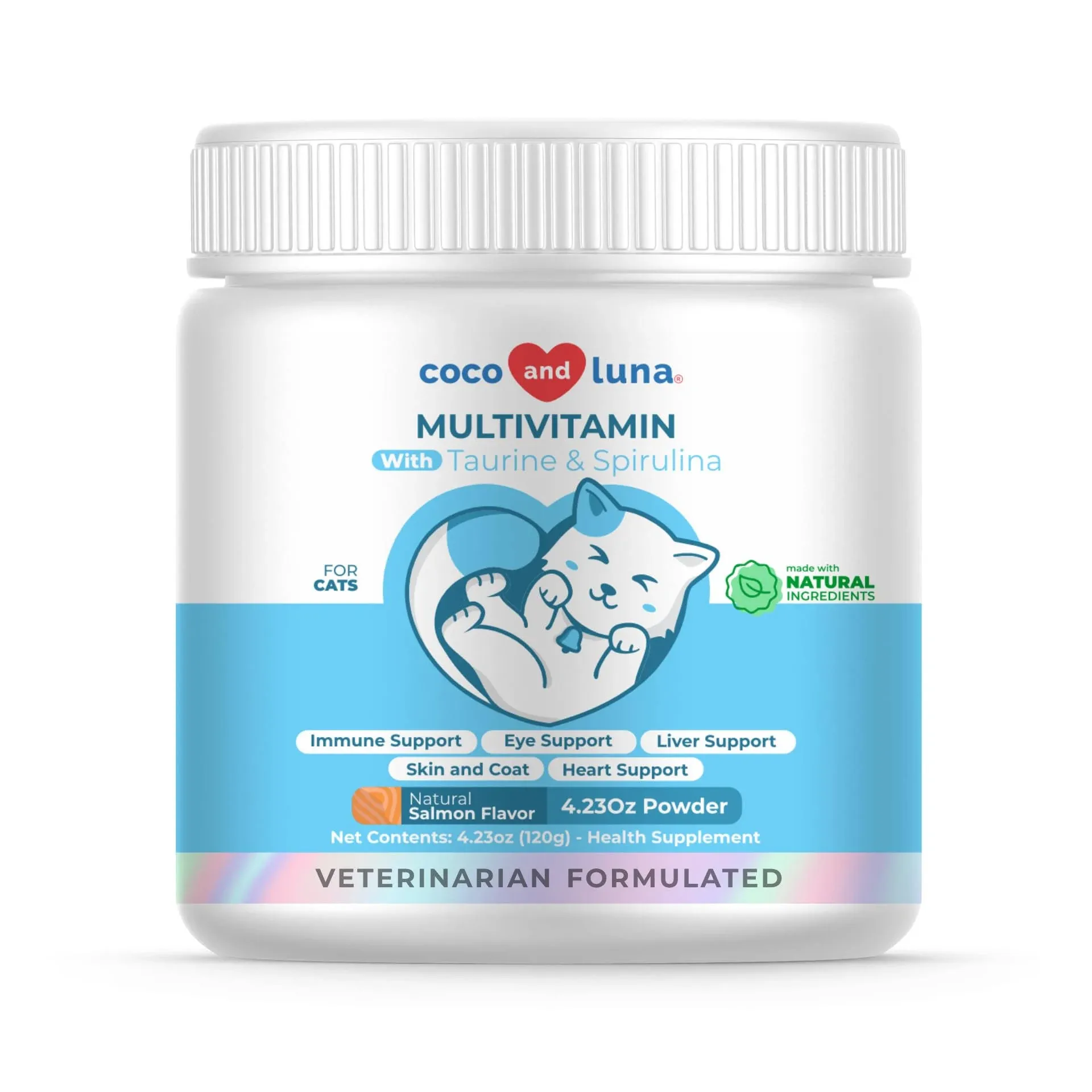 Coco and Luna 10 in 1 Multivitamin for Cats - 4oz Powder - L-Lysine, Taurine, and Spirulina for Immune Support and Eye Health - Fish Oil & Vitamins