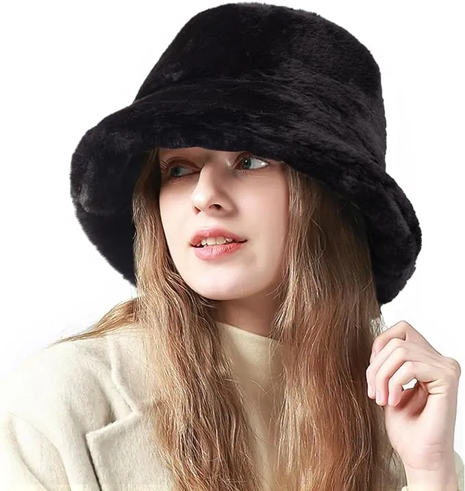 Fluffy Faux Fur Bucket Hat Winter Warm Hat for Women Men