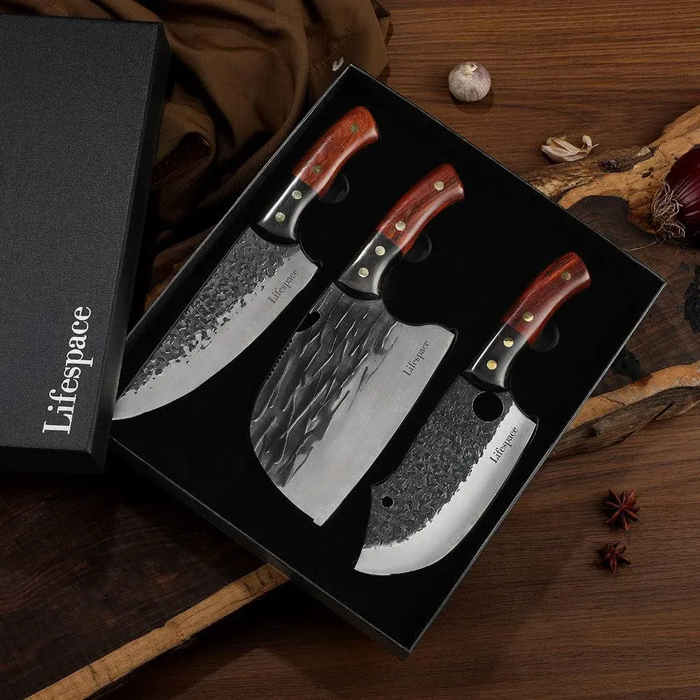 Lifespace Premium Chef Cleaver Knife Set (x3) with Genuine Leather Sheaths in a Gift Box