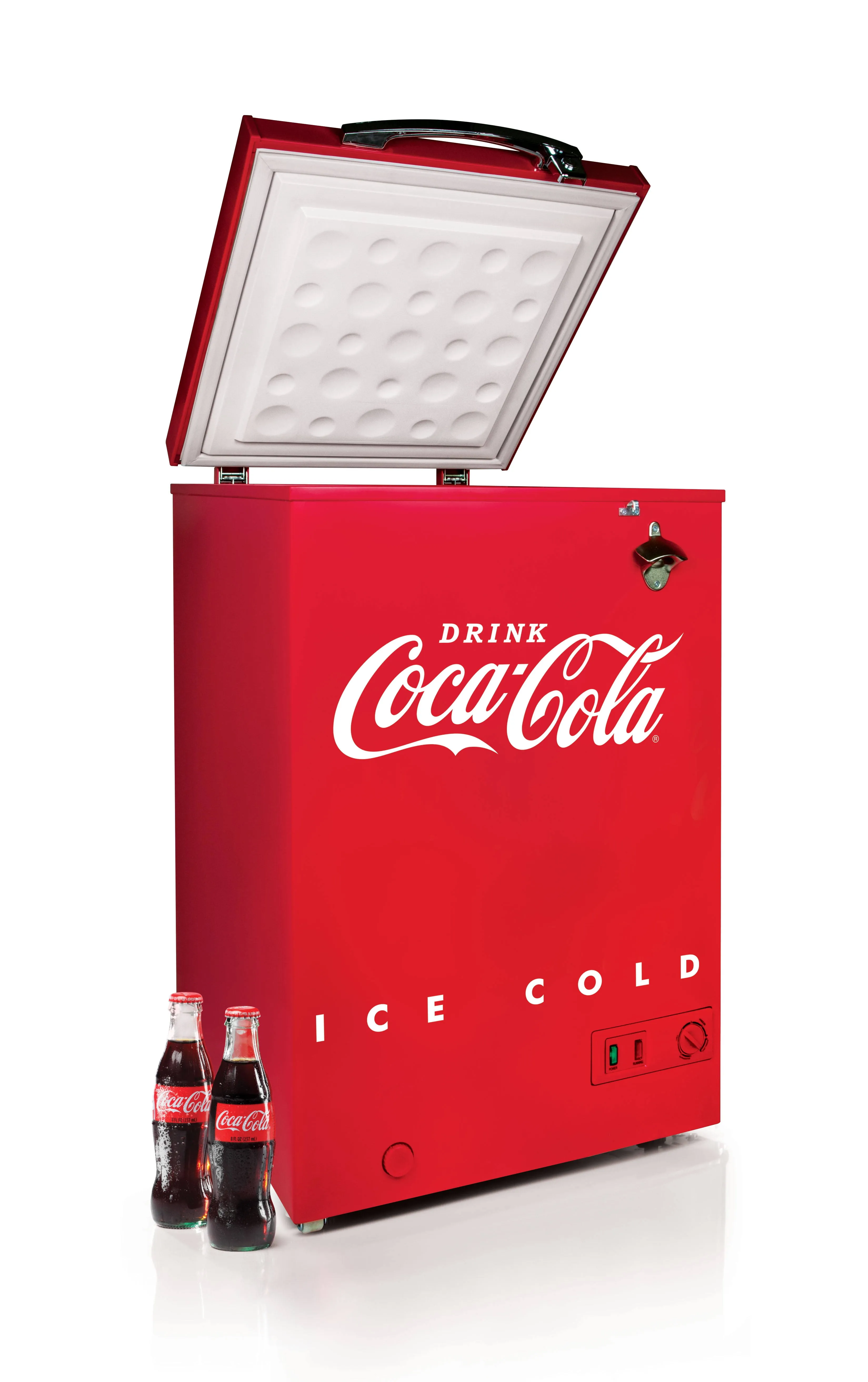 Nostalgia Coca-Cola Chest Freezer and Refrigerator All in One, 3.5 Cu. Ft., Includes Rolling Wheels, Bottle Opener, Lock And Keys, Removable Basket, Adjustable Temperature with Gauge, Red