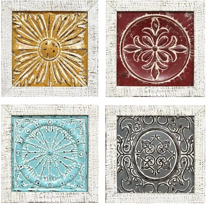 Set Of 4 Distressed Medallion Metal And Wood Framed Wall Art