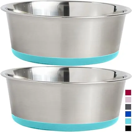 Gorilla Grip Stainless Steel Metal Dog Bowl Set of 2, 8 Cups, Rubber Base, Heavy Duty, Rust Resistant, Food Grade BPA Free, Less