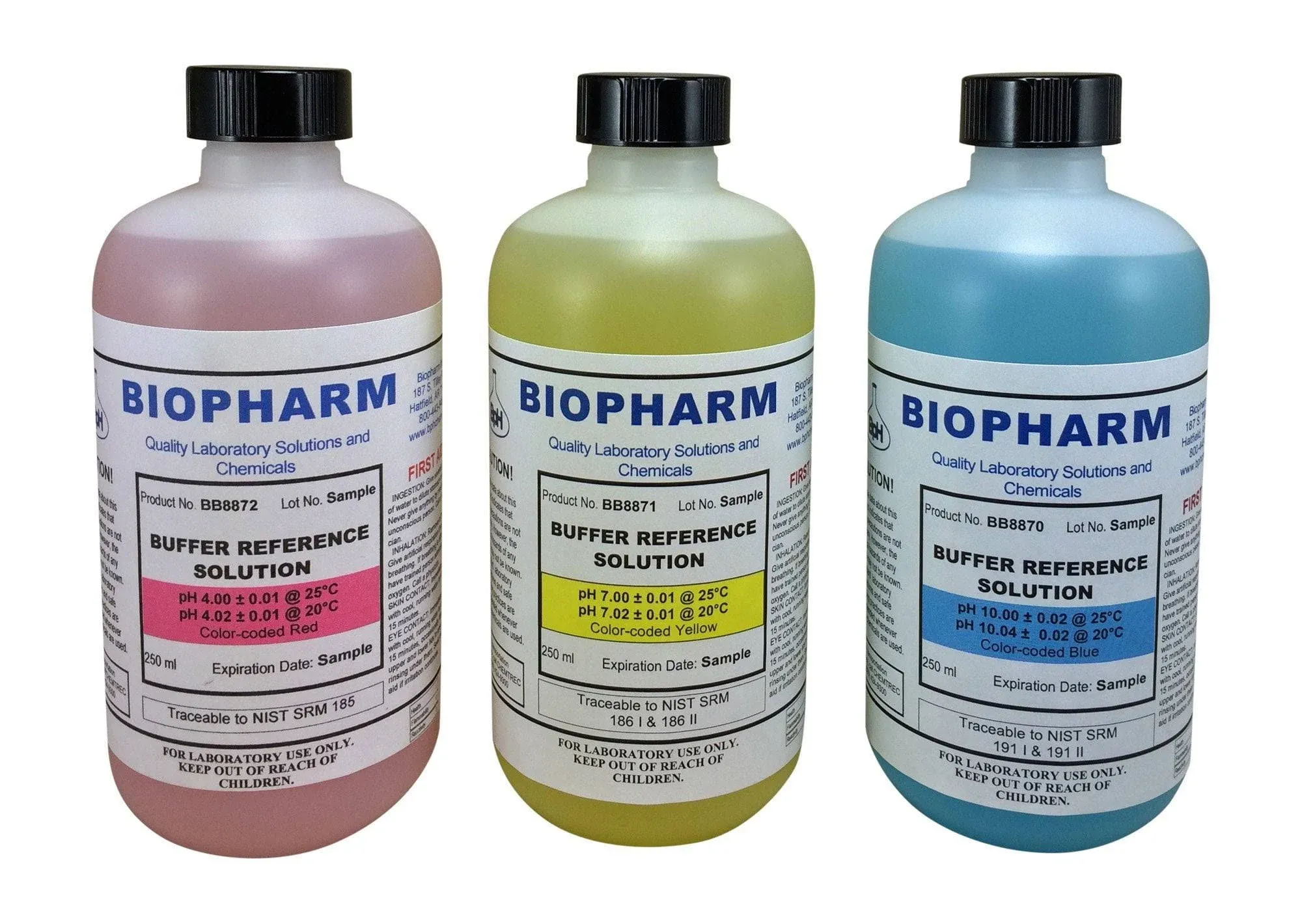 BioPharm Buffer Calibration Solution Kit 3-Pack of 250 ml (8oz) Each PH 4, 7 and 10 Calibration Standards Color Coded NIST Traceable for All PH Meters