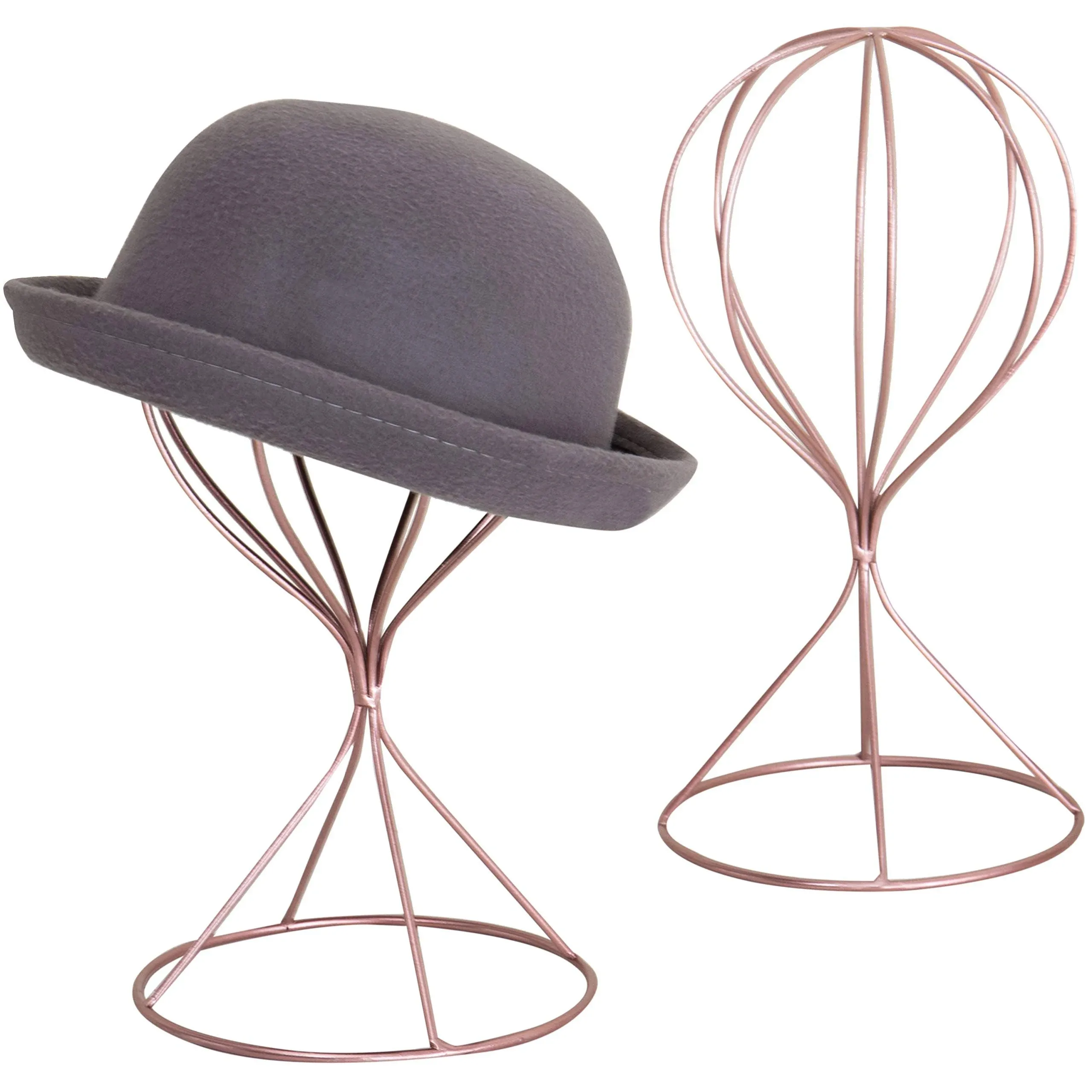 Rose Gold Metal Tabletop Hat Racks, Fedora/Wig Storage Display Stands, Set of 2