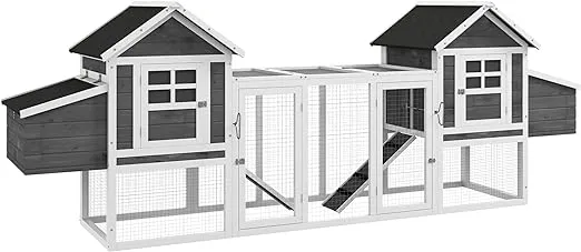 PawHut Dual Wooden Chicken Coop with Garden Bed, Large Outdoor Hen House with Nesting Boxes Removable Trays, Ramps Run, for Garden Backyard, 123" x 27.5" x 42.5", Dark Gray