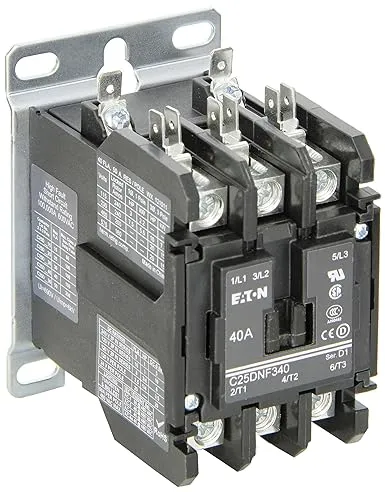 Eaton C25DNF340B. Definite Purpose Contactor, 50mm, 3 Poles, Box Lugs, Quick Connect Side By Side Terminals, 40A Current Rating, 3 Max HP Single Phase at 115V, 10 Max HP Three Phase at 230V, 20 Max HP Three Phase at 480V, 208-240VAC Coil Voltage