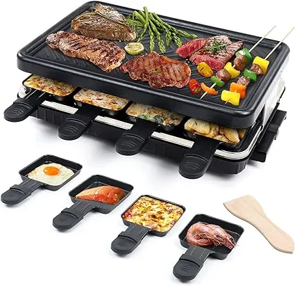 Fajiabao Raclette Table Grill Smokeless Korean BBQ Grill Electric Indoor with 8 Non-Stick Barbecue Cheese Melt Pans Temperature Control & Dishwasher Safe 1300W Fathers Day