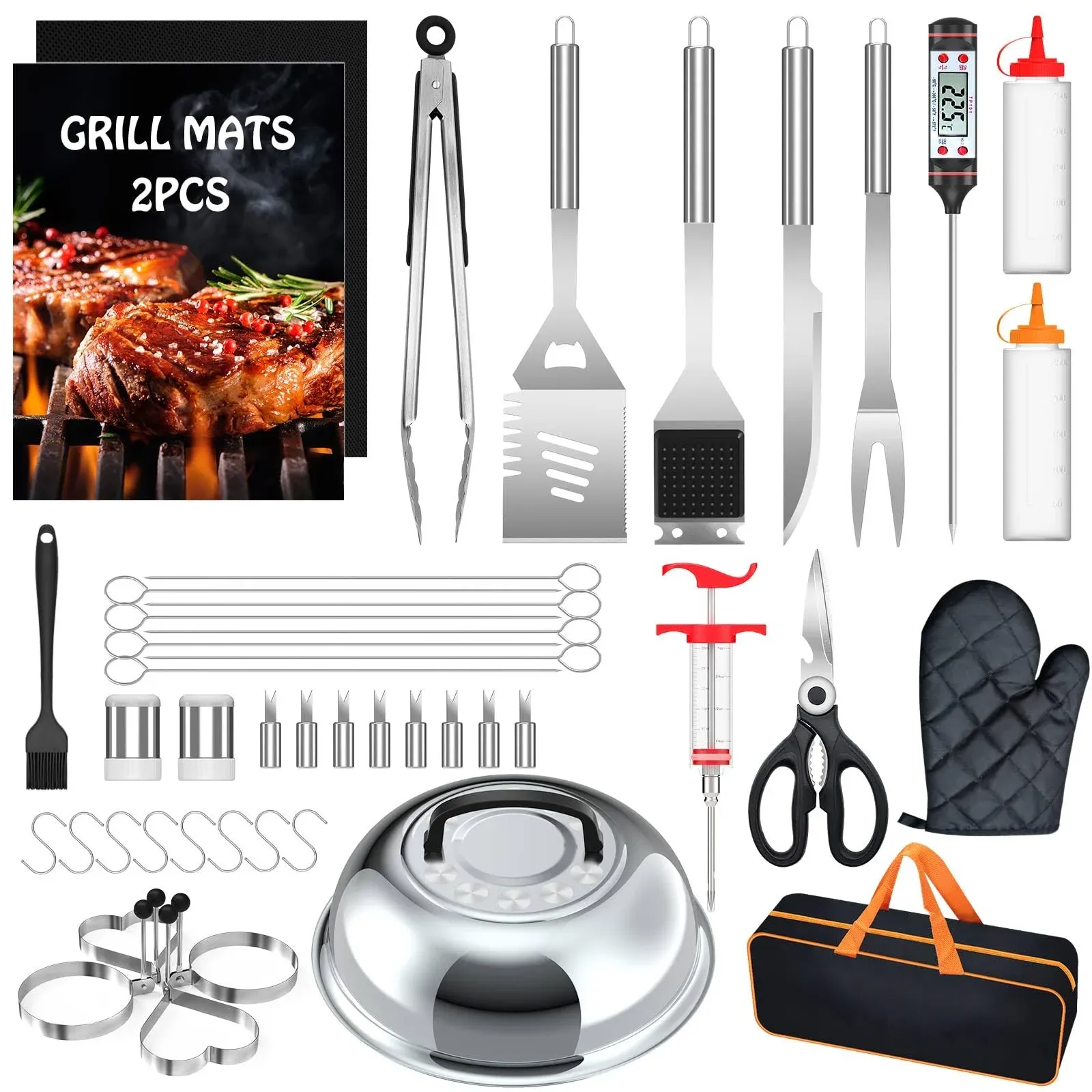 Griddle Accessories BBQ Grill Set,46pcs Stainless Steel Barbecue Tools Kit for Blackstone with Thermometer Spatula Basting Cover Grill Mats Carry Bag for Camping,Flat Top Camp Chef Utensil