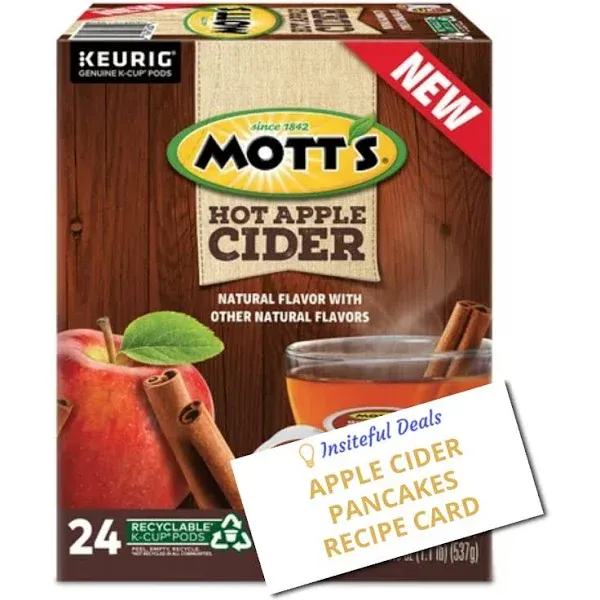 Motts Apple Cider K Cups & Apple Cider Pancakes Recipe Card Bundle - Single-Serve Hot Apple Cider Kcups for Keurig Brewers - 1 Box 24 Count (CT)