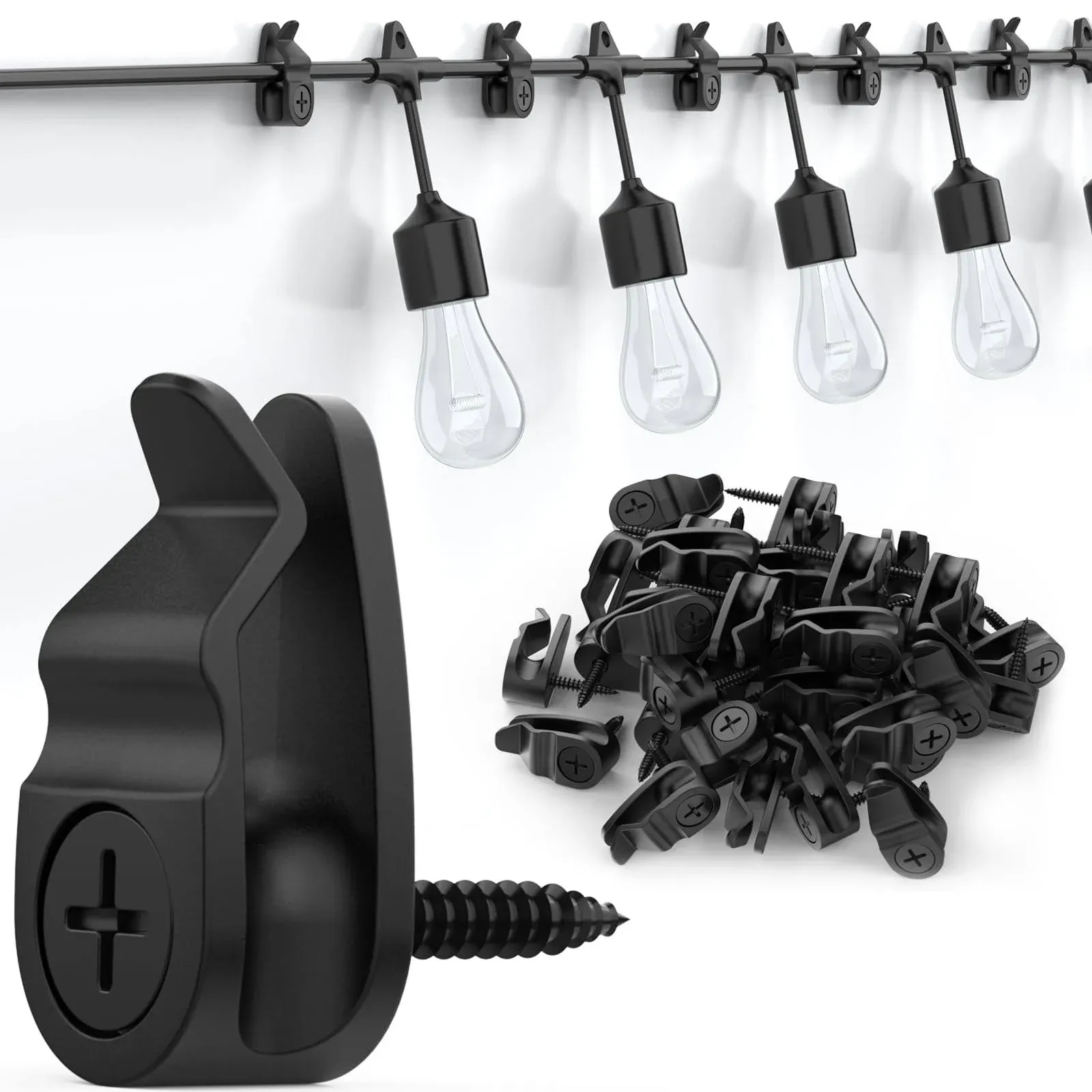 Hooks for Outdoor String Lights Clips - 50 Pack Outdoor Light Clips Weatherproof, Lights Hanger Hooks for Outside Hanging Christmas Lights, Fairy String Lights, Cable Management - Black