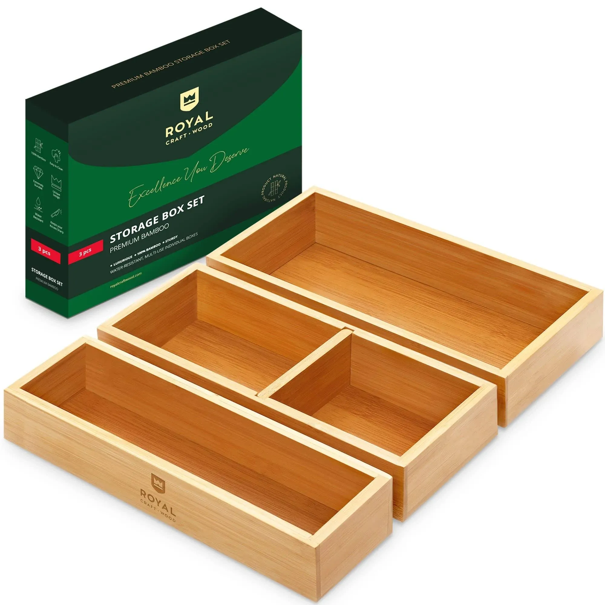 Royal Craft Wood Luxury Bamboo Drawer Organizer Storage Box, Bin Set - Multi-Use ...