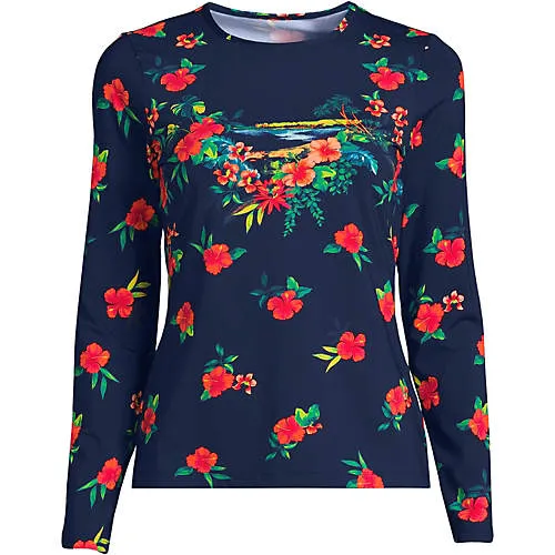 Women's Crew Neck Long Sleeve Rash Guard UPF 50 Sun Protection Modest Swim Tee Print