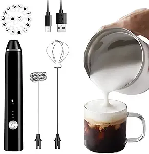 Fivtyily Milk Frother Handheld Rechargeable Foam Maker for Lattes, Electric Drink Mixer with 2 Whisks for Bulletproof Coffee, Mini Foamer for Cappuccino Frappe Matcha Hot Chocolate,16 Pcs Art Stencils