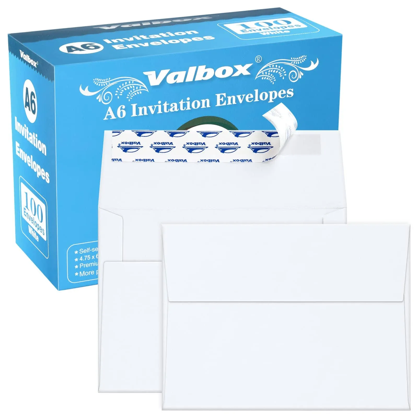 ValBox 100 Qty A6 Envelopes Self Seal 6.5 x 4.75" White Kraft Paper Invitation Envelopes for 4x6 Cards, Photos, Invitations, Weddings, Baby Shower, Birthday, Announcements, RSVP (A6)