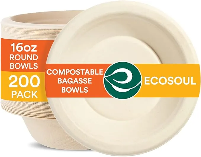 ECO SOUL 100% Compostable 16 oz Bagasse Bowls, 200 Counts | Heavy-Duty Disposable Bowls | Eco-Friendly Made of Sugarcane Fibers-Natural Unbleached Biodegradable Bowls