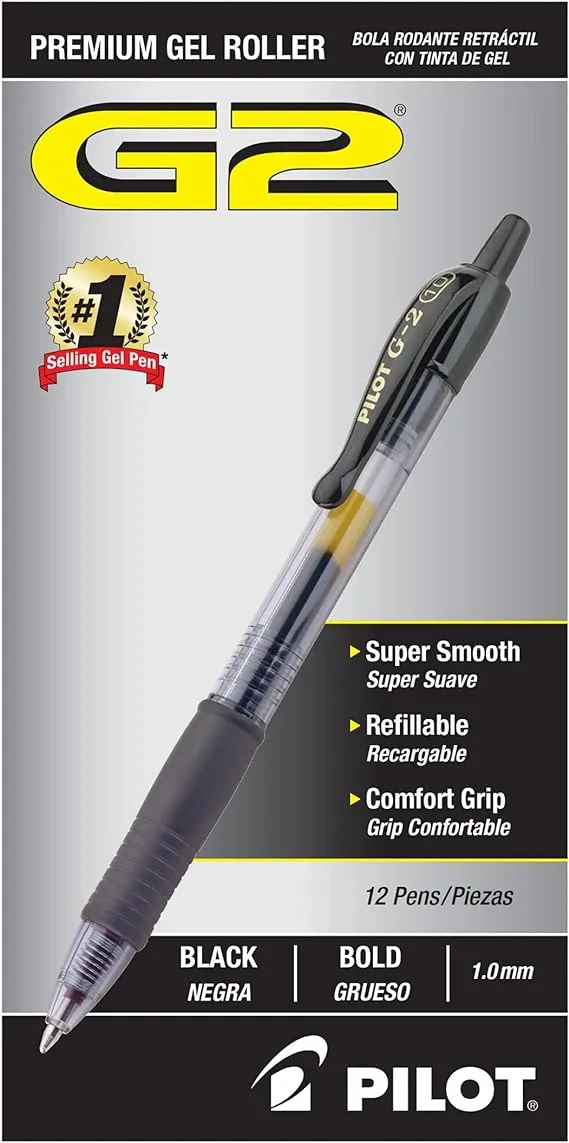 Pilot G-2 Retractable Gel-Ink Bold Point Pen, Black - 12 pack