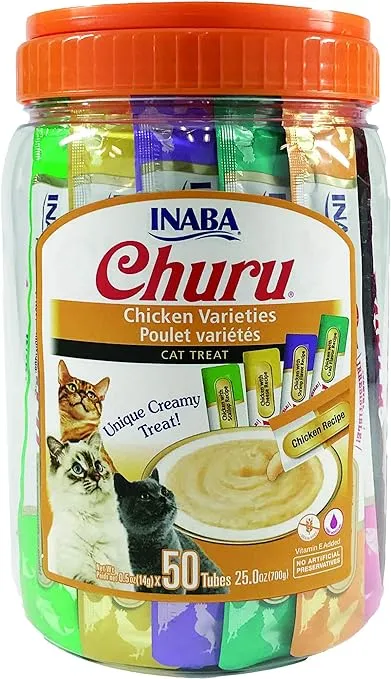 INABA Churu Cat Treats, Grain-Free, Lickable, Squeezable Creamy Purée Cat Treat/Topper with Vitamin E & Taurine, 0.5 Ounces Each Tube, 50 Tubes, Chicken Variety