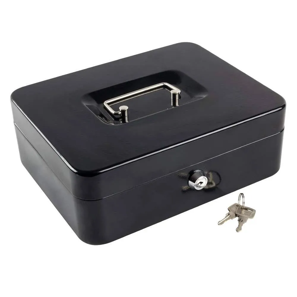 KYODOLED Metal Cash Box with Money Tray and Lock,Money Box with Cash Tray,Cash Drawer,11.81"x 9.45"x 3.54" Black X Large