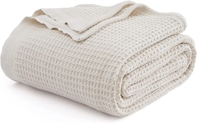 Bedsure 100% Cotton Blanket Queen Size for Bed - Waffle Weave Fall Blanket, Lightweight and Breathable Soft Woven Blanket for Summer, Light Beige/Linen, 90x90 Inches