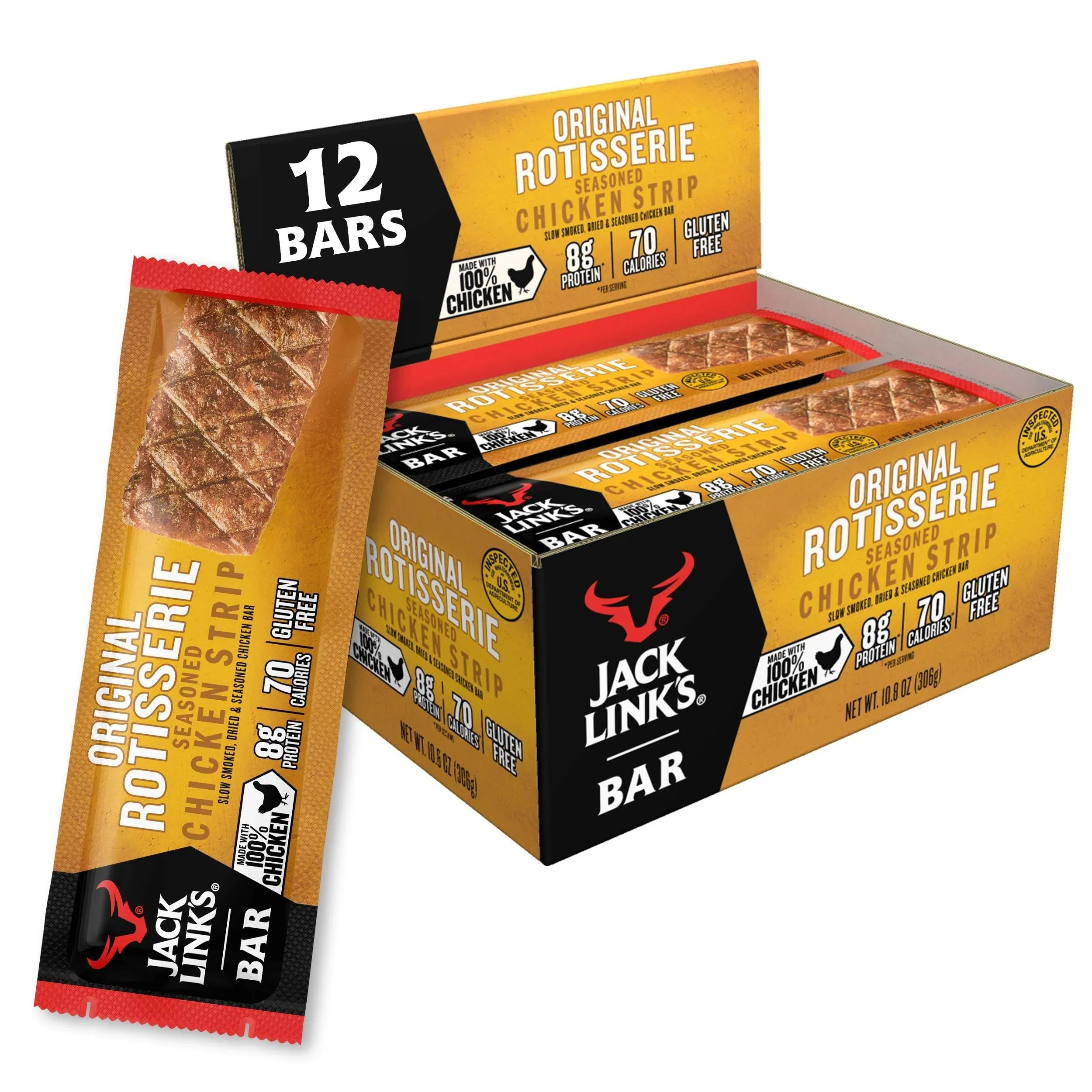 Jack Link's Meat Bars, Rotisserie Chicken, 12 Count - 8g of Protein and 70 Calories Per Protein Bar, Made with Premium Chicken, No added MSG - Keto Friendly and Gluten Free Snacks