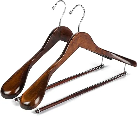 Luxury Wide Shoulder Wooden Hangers 2 Pack, with Locking Bar, Smooth Retro Finish Wood Suit Hanger Coat Hanger for Closet, Holds Up to 20lbs, 360° Swivel Hook, for Jacket, Dress Heavy Clothes Hangers