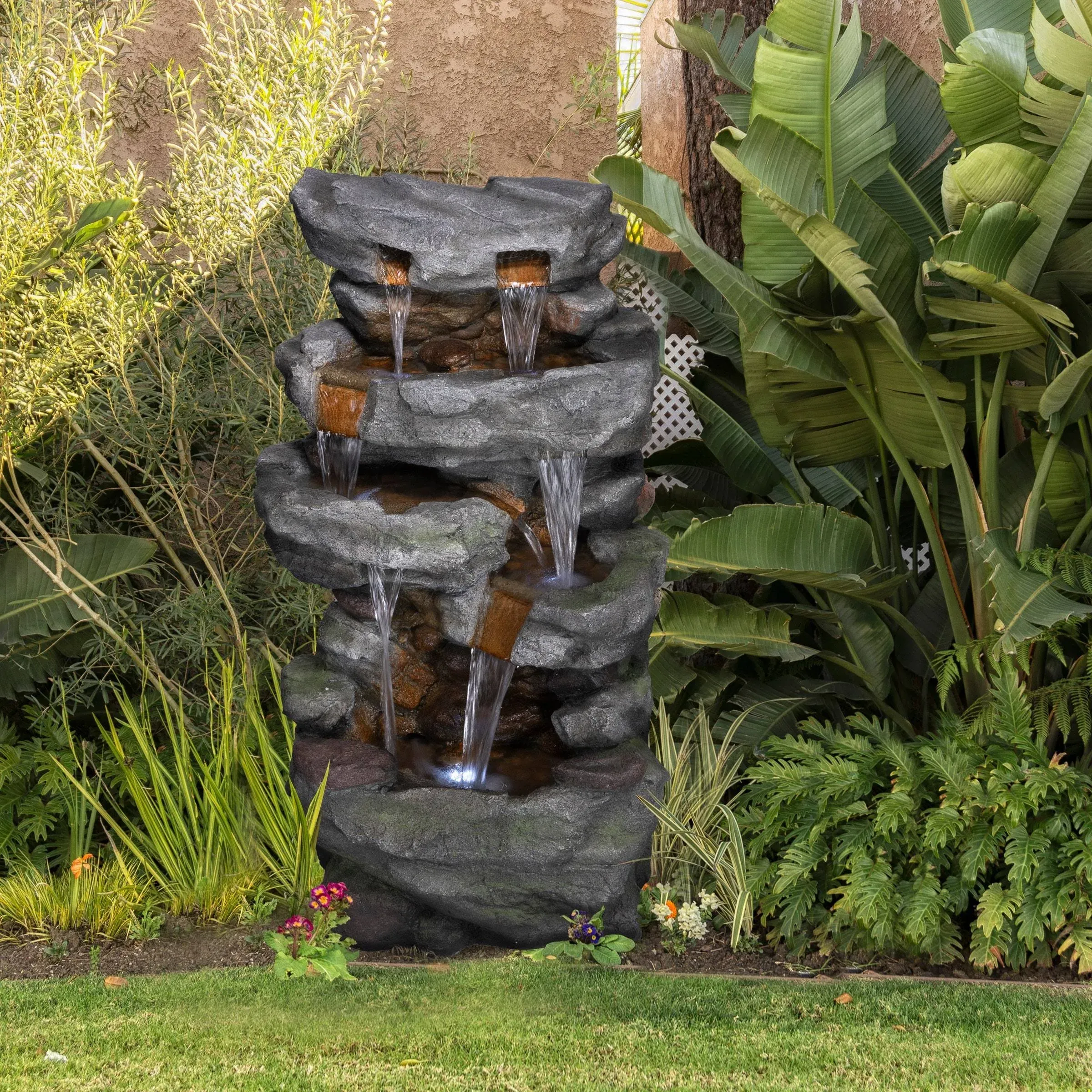 Alpine Corporation TZL284 Outdoor Floor 4-Tiered Cascading Stone Water Fountain w/LED Lights & Natural Stone Look, 39", Gray