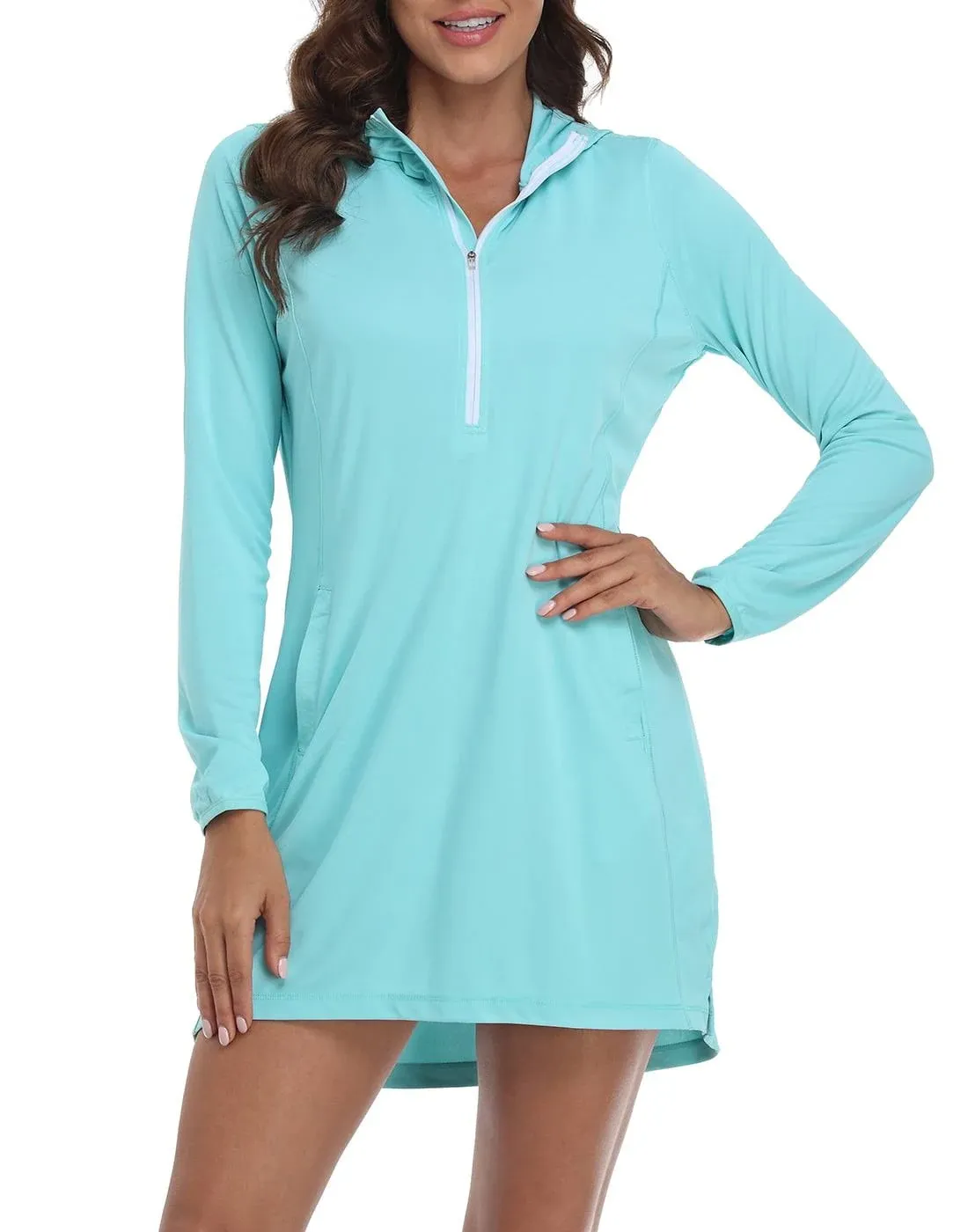 Hde Beach Coverups for Women UPF 50 Long Sleeve Swim Cover Up Dress with Hood