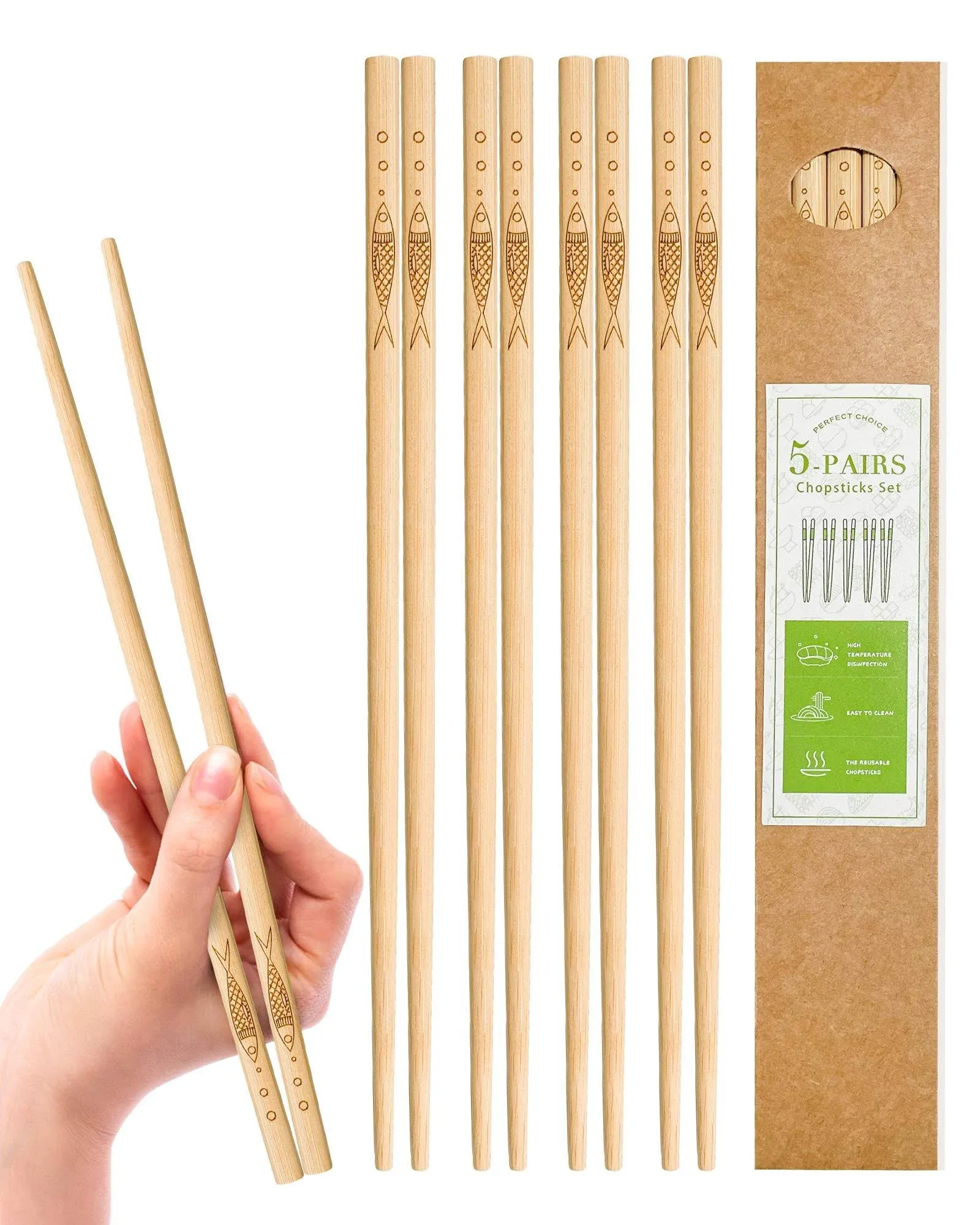 5 pairs of bamboo chopsticks can be reused, classic healthy high-quality natural bamboo chopsticks, can be washed in the dishwasher, 9.8 inches / 25 cm, (pattern: more than every year)