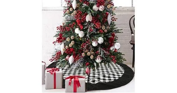 Black and White Buffalo Plaid Check Christmas Tree Skirt 48 inches, Country Xmas Tree Decorations Tree Skirts Double Layers Holiday Ornaments