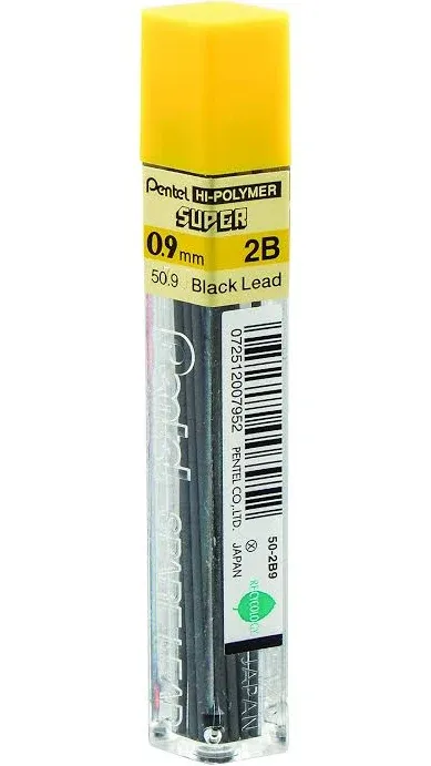 Pentel Super Hi-Polymer Lead Refill, 0.9mm Thick, 2B, 180 Pieces of Lead (50-9-2B),Gray