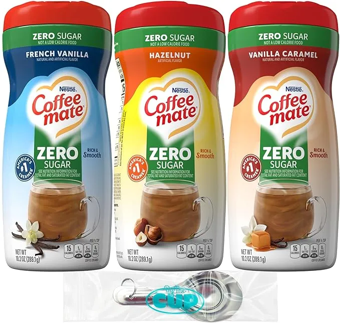 Coffee mate Sugar-Free Powder Coffee Creamer Variety, French Vanilla, Vanilla Caramel and Hazelnut with By The Cup Stainless Steel Measuring Spoons