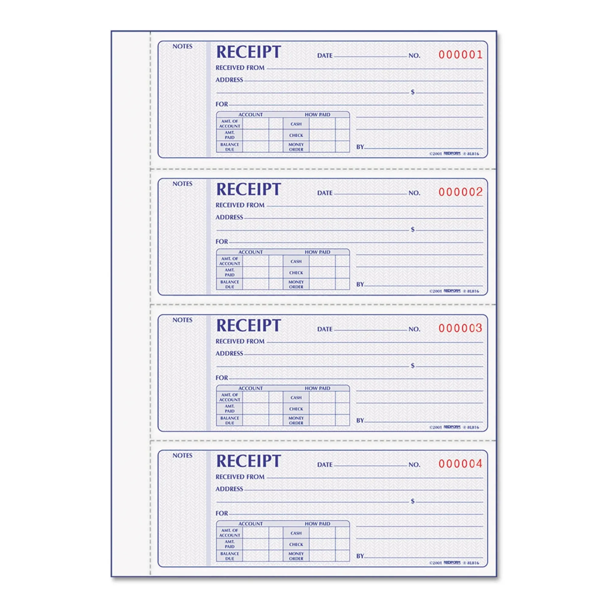 Rediform Receipt Book,Two-Part Carbonless, 7 x 2.75, 4/Page, 400 Forms 8L816