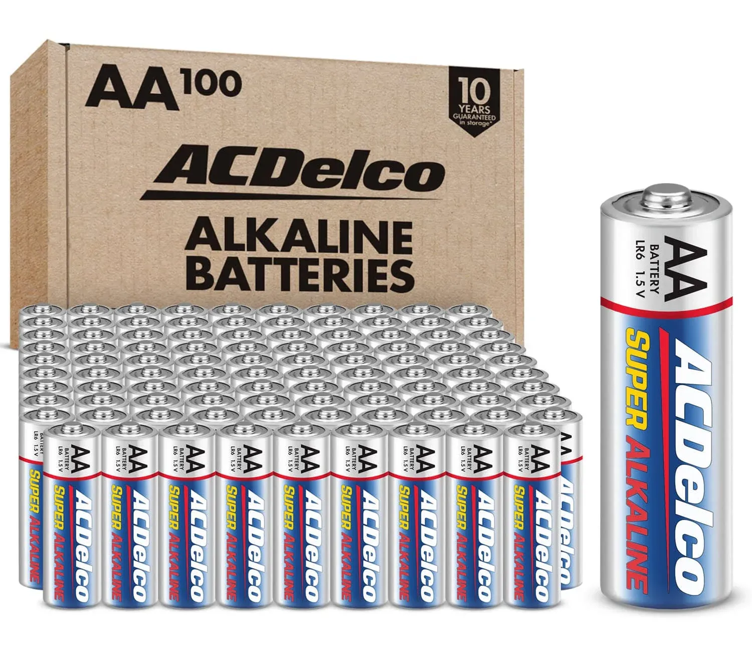 ACDelco 100-Count AA Batteries, Maximum Power Super Alkaline Battery, 10-Year Shelf Life, Reclosable Packaging